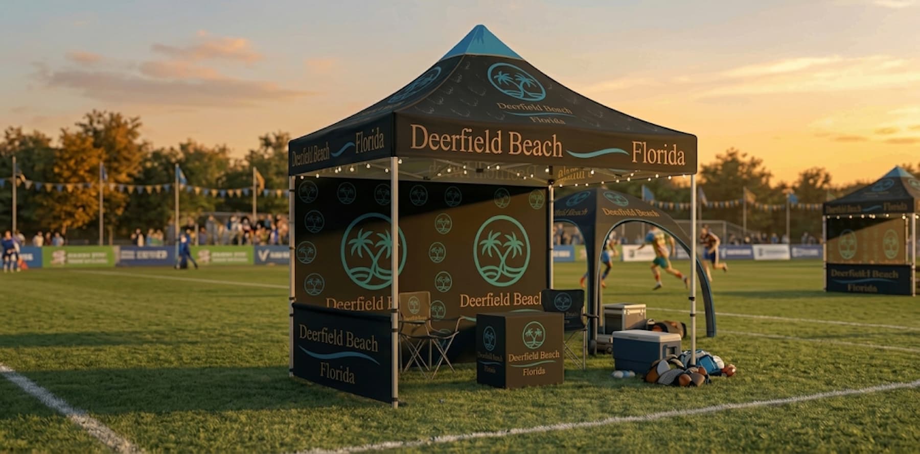 Deerfield Beach custom printed tents on a sports field at sunset