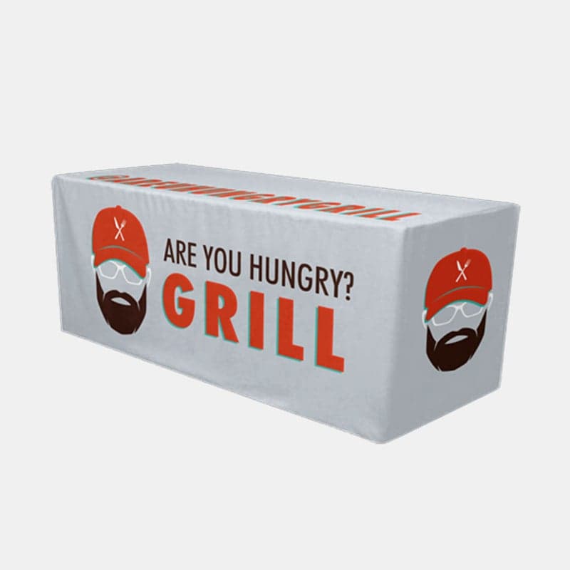 Fitted table cover printed with an Are You Hungry? Grill logo